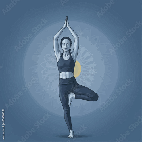 Woman Practicing Yoga Tree Pose Meditation Mindfulness Wellness Spiritual Blue Background.png