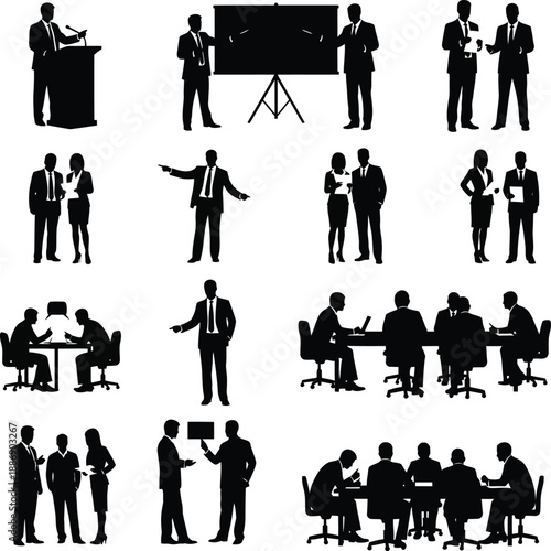 Business professionals collaborating and presenting in a corporate meeting environment from various viewpoints