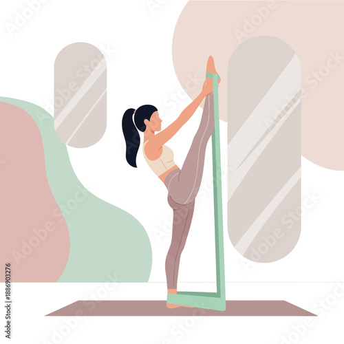 Woman Practicing Yoga With Green Stretch Strap in Modern Minimalist Fitness Studio for Healthy Lifestyle Illustration Di.png