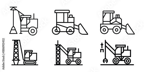 Crane and construction vehicle icons in a simple black line art design.
