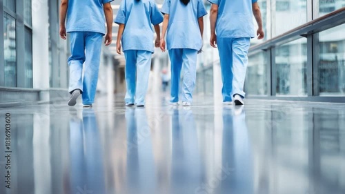 Medical Team's Journey: A dedicated medical team strides confidently through a modern corridor, symbolizing healthcare unity and commitment.