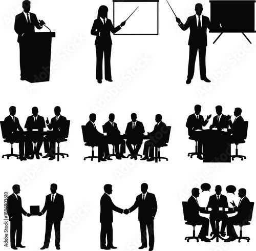 Business professionals engaging in presentations, meetings, and negotiations in various settings and viewpoints