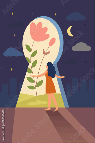Woman walking toward flower through keyhole