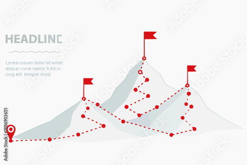 Three-peak journey with red flags and dotted path