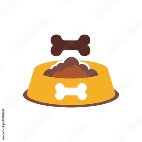 Yellow dog food bowl with bone and kibble