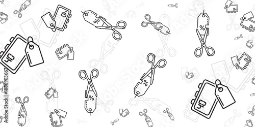 An assortment of scissors and price tags, symbolizing sales and shopping