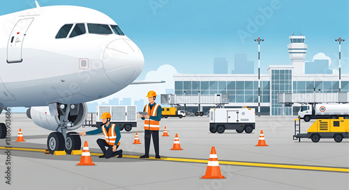 Airport ground crew conducting routine pre-flight inspections on a commercial airplane, ensuring safety and efficiency in aviation operations before takeoff