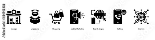 Digital Retail Engagement web banner icon vector illustration featuring Storage, Unpacking, Shopping, Mobile Marketing, Search Engine, Calling, and Internet.