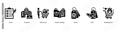 Product Listing and Branding web banner icon vector illustration featuring Listed, Company, Add to Cart, Product Catalog, Brand, Deal, and Shopping Cart.