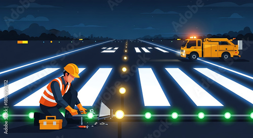 Airport runway maintenance at night with technician repairing lights and service vehicle approaching