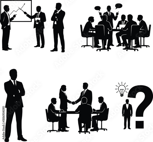 Business professionals collaborating in a modern office setting from various viewpoints