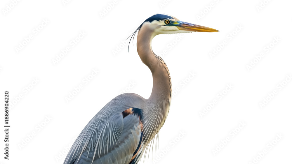 Fototapeta premium Isolated Great Blue Heron portrait, perched gracefully and looking to the right side frame