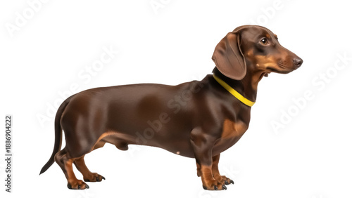 фотографія Isolated Smooth-Haired Dachshund with a Yellow Collar Standing Sideways Looking