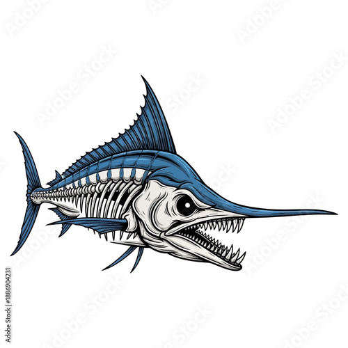 skeleton marlin fish mascot with sharp teeth and blue fins on white background