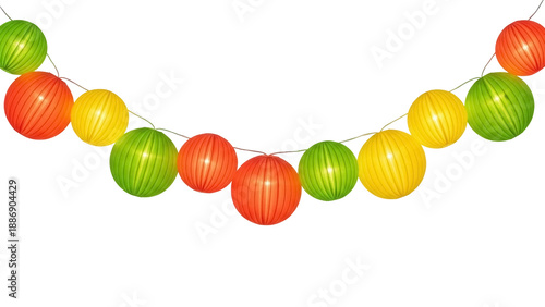 Bilde på lerret Isolated Festive Garland of Colorful Hanging Paper Lanterns in Red Yellow and Gr