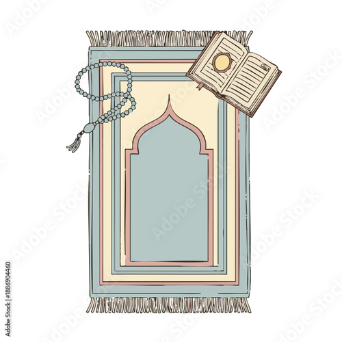 Ramadhan Islamic prayer illustration with prayer mat, rosary, and book on a white background, 82 VR11.eps
