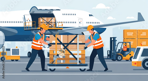 Dedicated ground crew diligently loads and unloads essential cargo onto a large commercial airplane, showcasing global logistics operations and efficient air freight transportation services