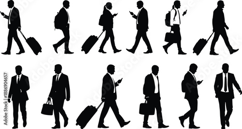 Black silhouettes of business people walking with luggage, using smartphones, carrying bags, and wearing professional suits for travel and concepts.