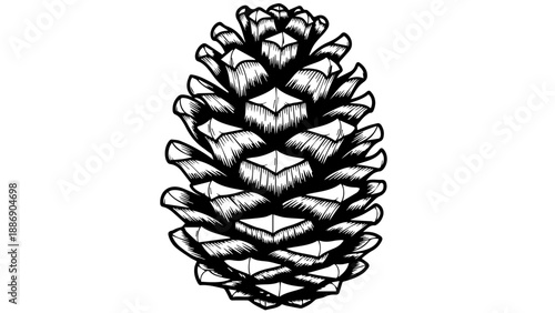 High-contrast black-and-white illustration of a detailed pine cone with segmented, layered structure