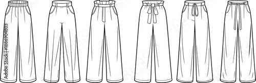 Assortment of wide-leg palazzo pants and culottes with elasticated or belted waistbands depicted in a simple line fashion
