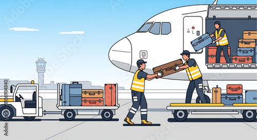 Airport baggage handlers loading luggage onto an airplane cargo hold with a baggage cart and towing vehicle in the background