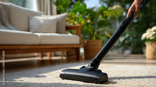Wallpaper Mural Person cleaning a cozy living room by vacuuming the rug, natural afternoon light filling the space, soft sofa, throw blankets, modern vacuum cleaner, peaceful everyday lifestyle ph Torontodigital.ca