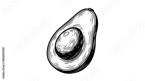 Black and white illustration of a halved avocado with pit