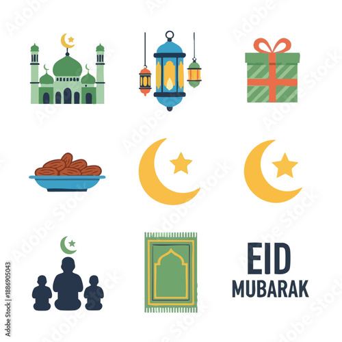 Celebrating Ramadhan with Islamic motifs and symbols, featuring mosques, lanterns, and prayer mats in a festive Eid Mubarak illustration