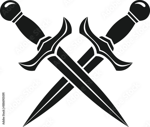 Black vector silhouette of two crossed daggers with ornate handles and sharp blades isolated on a white background for design.