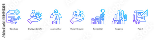 Organizational Goals web banner icon vector illustration featuring Objectives, Employee benefit, Accomplished, Human Resource, Competition, Corporate, and Project.