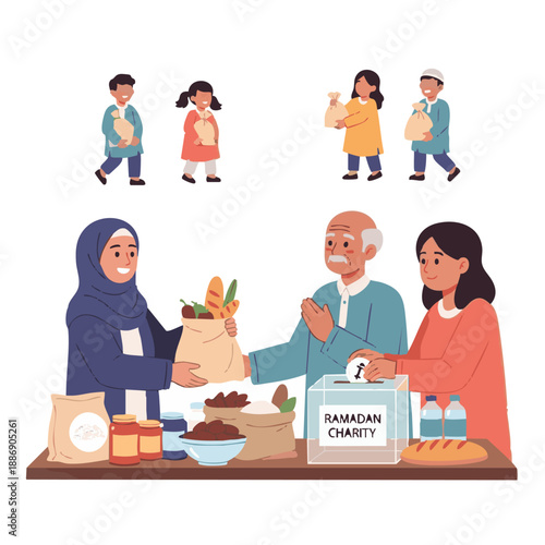 Ramadhan Islamic charity event illustration with people donating food and helping the needy together 100 VR11.eps