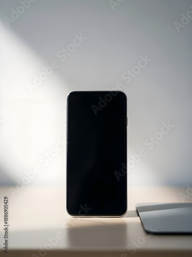 Wallpaper Mural Sleek smartphone with blank screen on a minimalist desk, bathed in natural window light and sharp shadows, featuring a subtle green plant accent for modern aesthetic concepts Torontodigital.ca