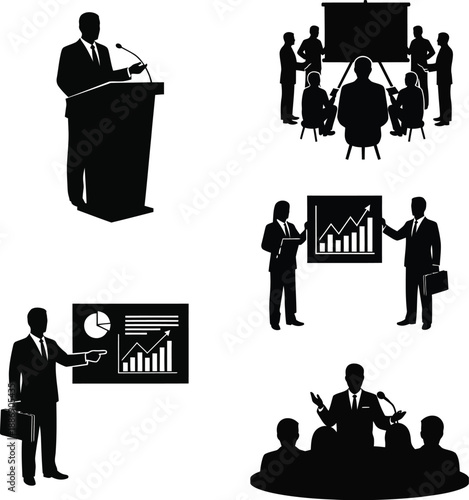 Business professionals presenting data at a conference with graphs and charts in a corporate setting from various viewpoints