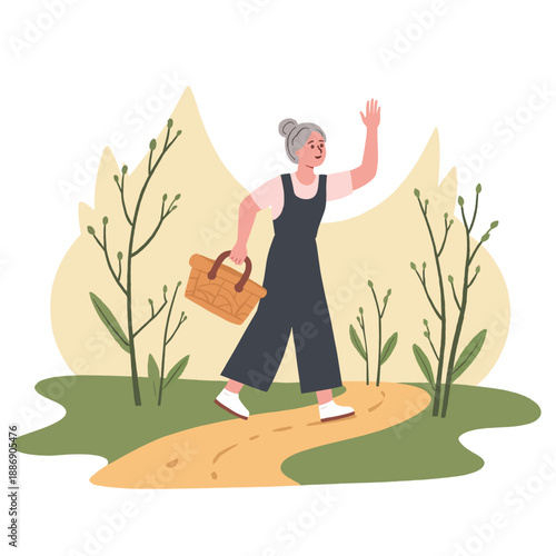Elderly woman walking on a dirt path in a natural setting  