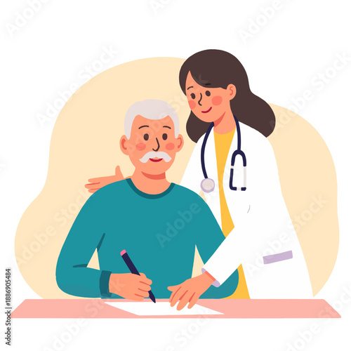 Doctor assisting elderly man while he writes on paper  