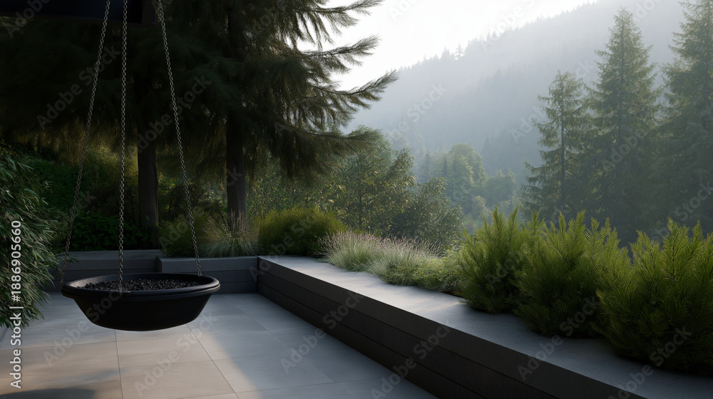Obraz premium Modern outdoor patio with hanging fire pit overlooking misty forest landscape