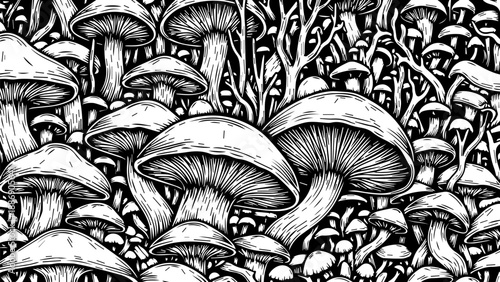 High-contrast black-and-white illustration of a dense cluster of mushrooms in a bird's-eye perspective