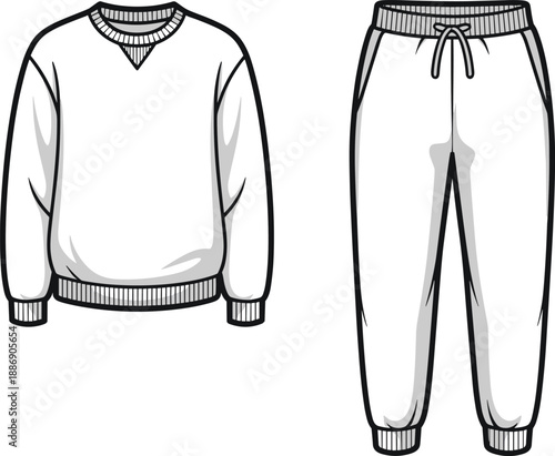 Fashion flat of a casual women's sweatshirt and matching sweatpants set in front view, illustrating a comfortable and stylish loungewear or activewear ensemble