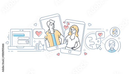 The online dating concept shows a couple connecting through mobile phones and a laptop with digital interaction symbols present.