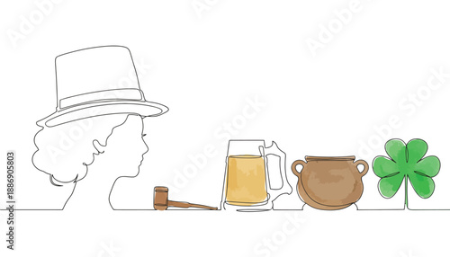 A continuous line drawing depicts a woman in a top hat next to a beer mug, a pot of gold, and a shamrock for a holiday theme.