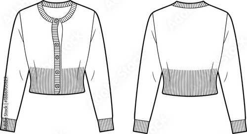 Fashion flat of a women's cropped cardigan presented in front and back views, highlighting button closure and ribbed detailing for contemporary apparel