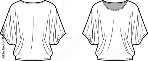 Fashion flat of a women's dolman sleeve presented in front and back views showing details and silhouette for apparel and manufacturing
