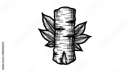 Stylized black and white illustration of a birch tree with textured bark and delicate leaves