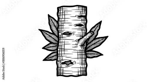 Black and white illustration of a birch tree with smooth white bark and dark markings