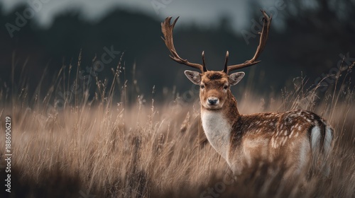 Majestic fallow deer with impressive antlers amidst golden meadow grass