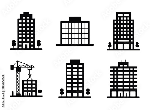 Building Construction Icon Set Featuring Office Towers, Residential Blocks, and Crane Development Symbols in Black Vector Style
