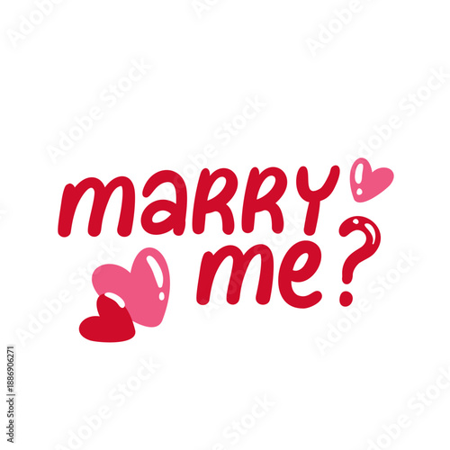 Marry me lettering with hearts. Handwritten love text, red and pink heart shapes, playful strokes, bold outlines. Proposal phrase, romantic message, cartoon vector illustration.