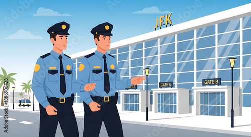 Two uniformed police officers on patrol outside a modern transportation hub, ensuring public safety and security for international travelers