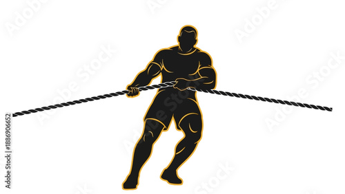 Man Pulling Ropes with Strength and Effort.