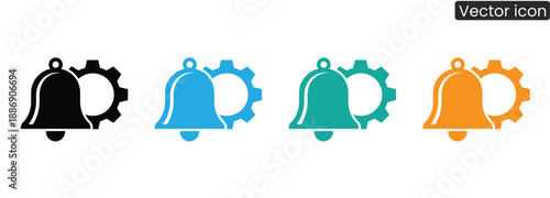Vibrant notification bell icons with gear settings in four modern colors for web design and digital interfaces